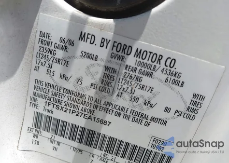 2007 Ford F-250 Lariat/Xl/Xlt from USA, damaged, VIN 1FTSX21P27EA15687